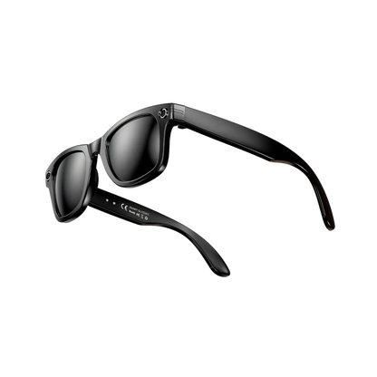 Black Korons Smart Glasses with reflective lenses on a white background