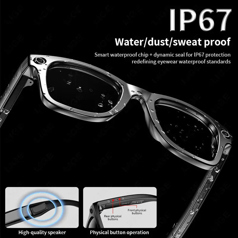 Waterproof Korons Smart Glasses with text highlighting IP67 protection on a black background