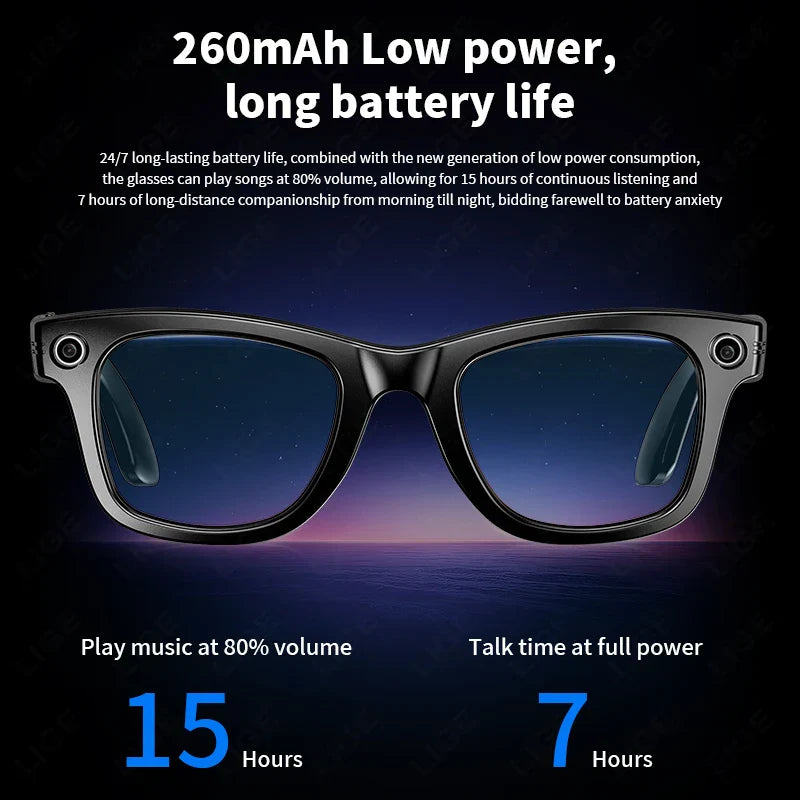 Korons Smart Glasses with battery life information on a dark background