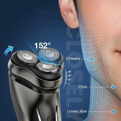 Kozenix Electric shaver with shaving heads and a close-up of a person's face with labeled areas for shaving.