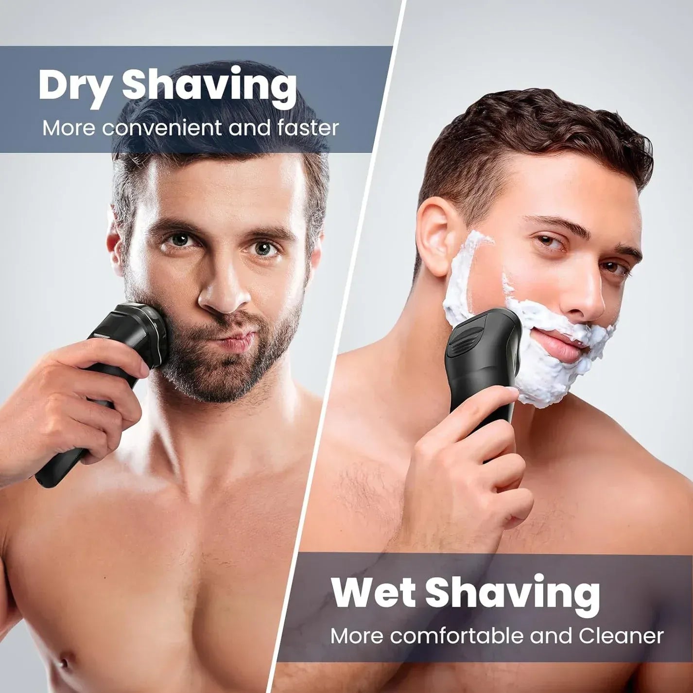 Two men using Kozenix Shaver for dry and wet shaving, with text comparing the two methods.