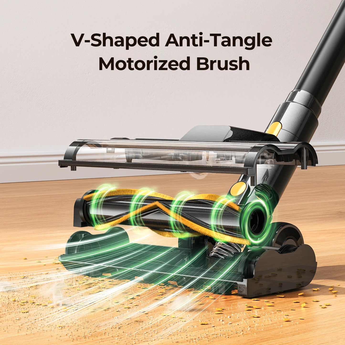 V-shaped anti-tangle motorized brush cleaning a wooden floor with text overlay.