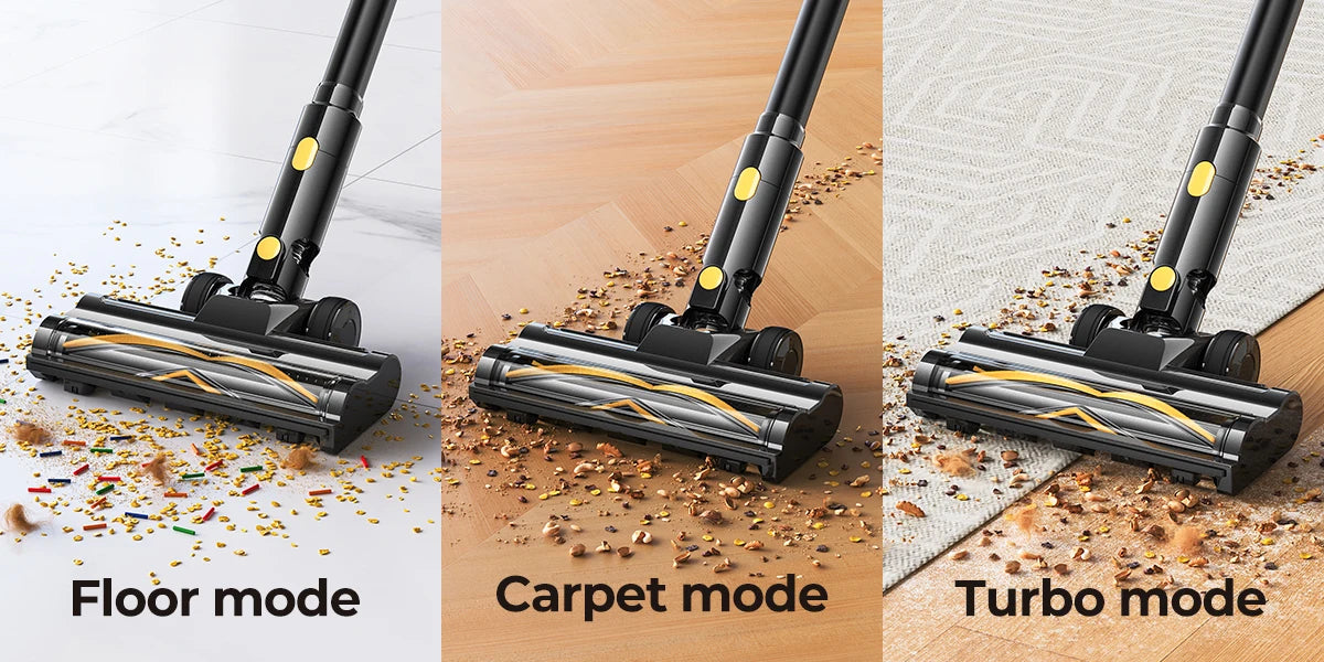 Three modes of a Lenoro V9 Cordless Vacuum Cleaner head on different surfaces with labels.