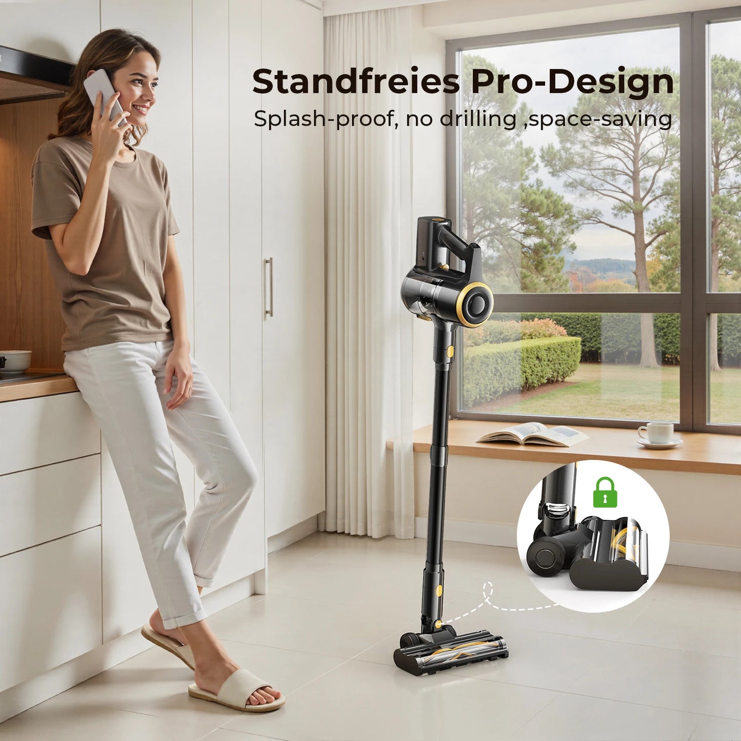 Woman talking on phone next to a Lenoro V9 Cordless Vacuum Cleaner with text about its features in a modern kitchen.