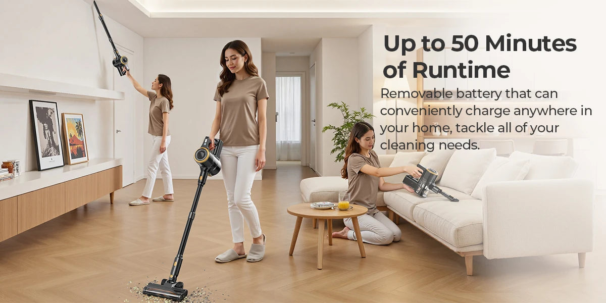 Woman using a Lenoro V9 Cordless Vacuum Cleaner in a living room with text about battery runtime.