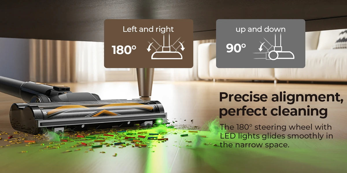 Lenoro V9 Cordless Vacuum Cleaner head with steering wheel feature on a floor, showing precise alignment and cleaning capabilities.