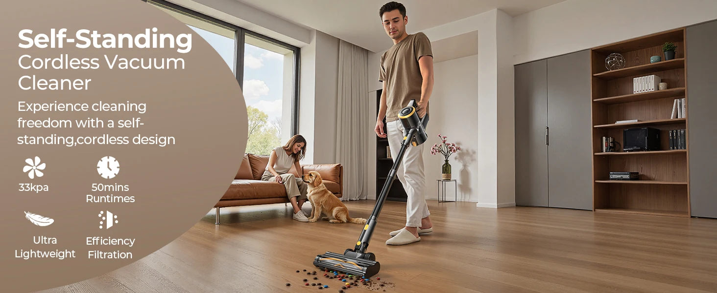 Man using a self-standing Lenoro V9 Cordless Vacuum Cleaner in a modern living room.
