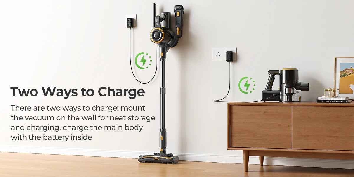 Lenoro V9 Cordless Vacuum Cleaner with charging options on a white wall and wooden cabinet.