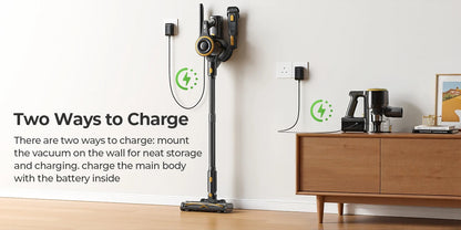 Lenoro V9 Cordless Vacuum Cleaner with charging options on a white wall and wooden cabinet.