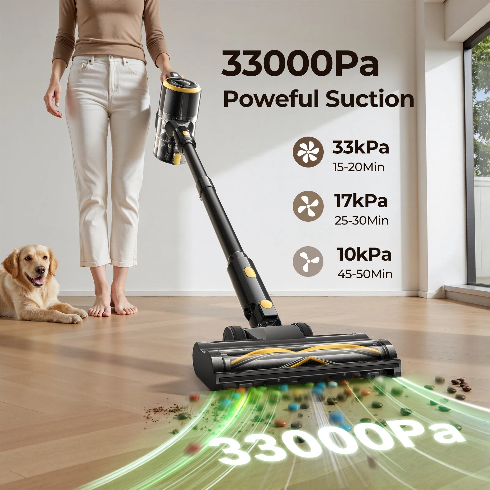 Person using a Lenoro V9 Cordless Vacuum Cleaner on a wooden floor with a dog, highlighting 33000Pa suction power.