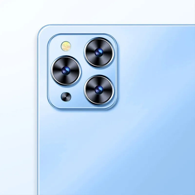 Close-up of a Lumatab tablet  with camera module on a light blue background