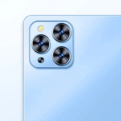 Close-up of a Lumatab tablet  with camera module on a light blue background