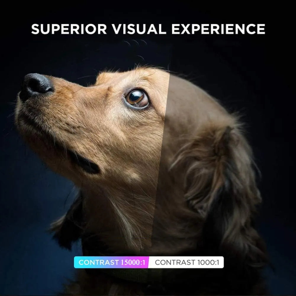 Dog's face with a black background and text 'Superior Visual Experience' and 'Contrast 15000:1'.
