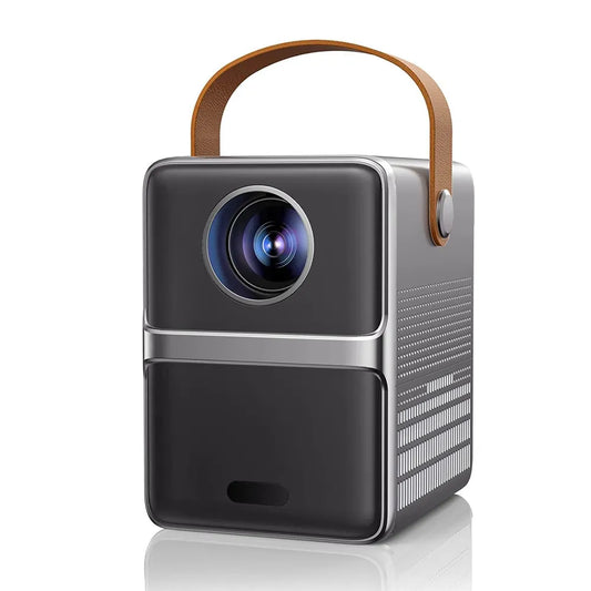 Portable Lunorys Projector with a brown handle on a white background