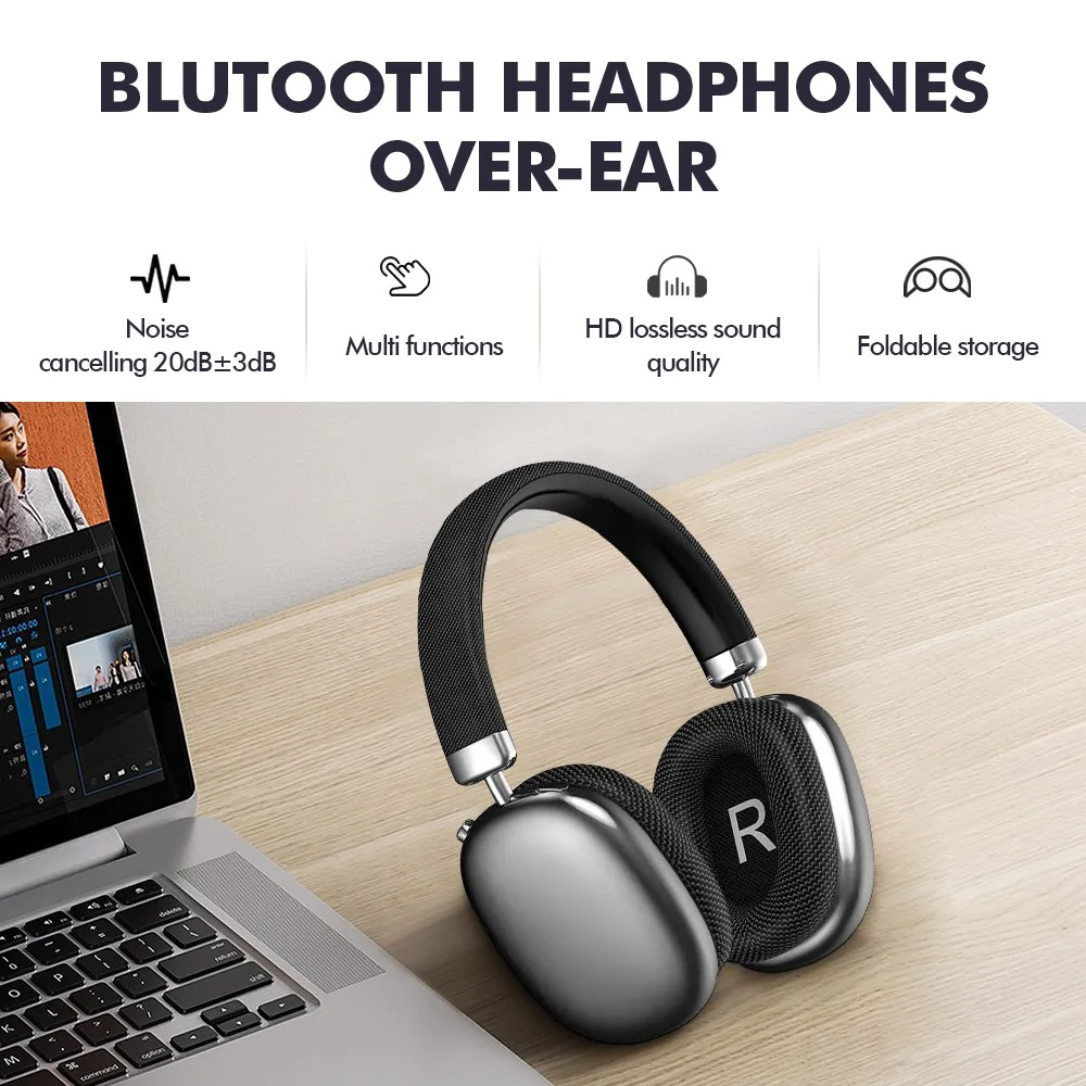 Over-ear Bluetooth Luvant Noise Cancelling Headphones on a desk with laptop, text highlighting features.