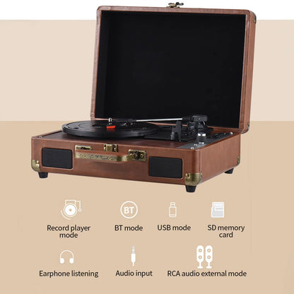 LyriHerz Suitcase Record Player with features listed on a beige background