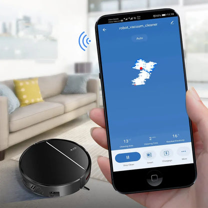 Smartphone controlling a Moxier M7S Robot Vacuum cleaner in a living room.