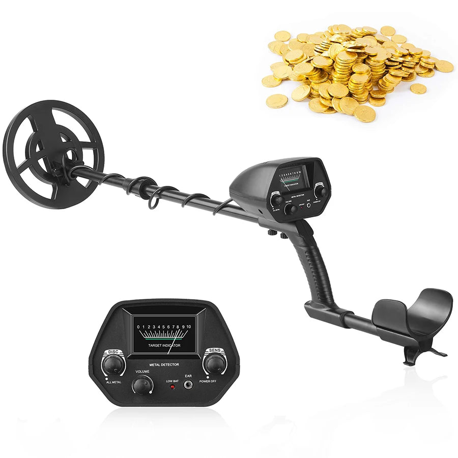Metal detector with a pile of gold coins on a white background