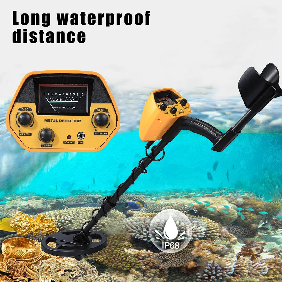 Metal detector with underwater scanning capabilities on a coral reef background