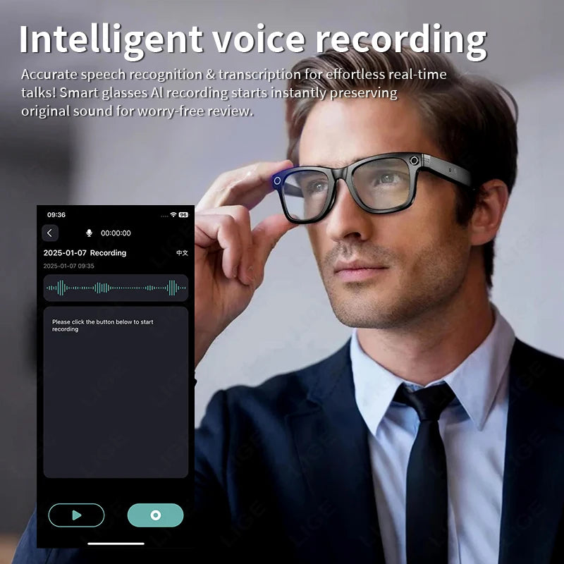 Man wearing Trovoro Smart Glasses
 with an app interface on a smartphone displaying intelligent voice recording features.