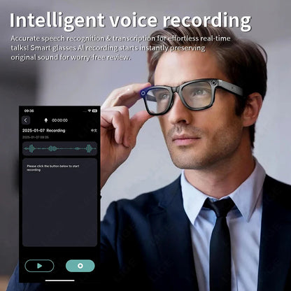 Man wearing Trovoro Smart Glasses
 with an app interface on a smartphone displaying intelligent voice recording features.