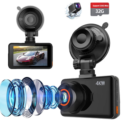 Car Meacode 4K Dash Cam with screen displaying a car, lens diagram, and memory card on a white background