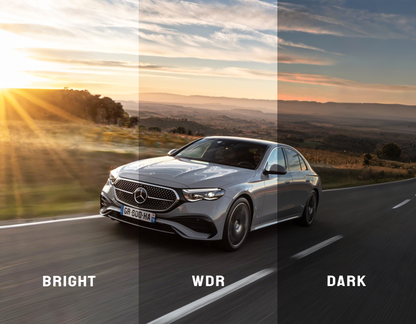 Car driving on a road with 'Bright', 'WDR', and 'Dark' lighting conditions displayed.