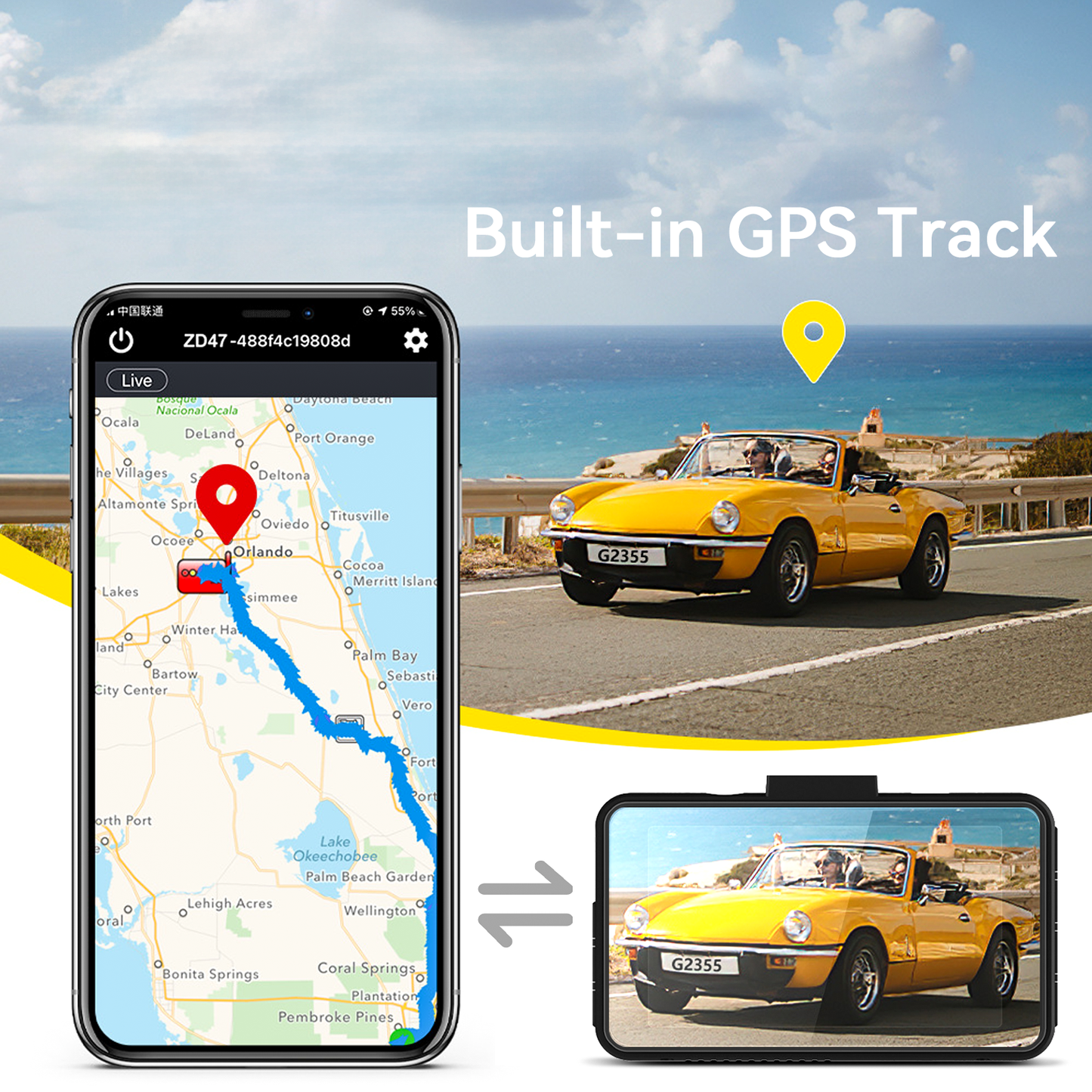 Smartphone with GPS app, yellow car on road, and Meacode 4K Dash Cam display showing route.