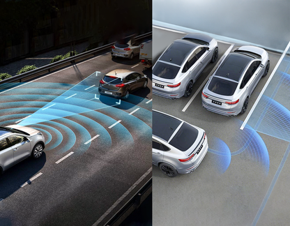Two images showing self-driving cars with Meacode 4K Dash Cam sensor networks on a road and in a parking lot.