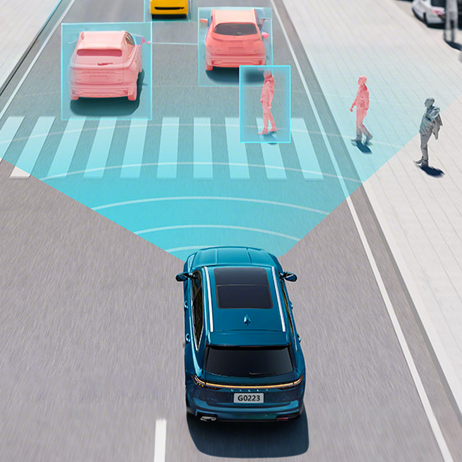 Blue car driving on a road with Meacode 4K Dash Cam traffic sensors detecting other vehicles and pedestrians.