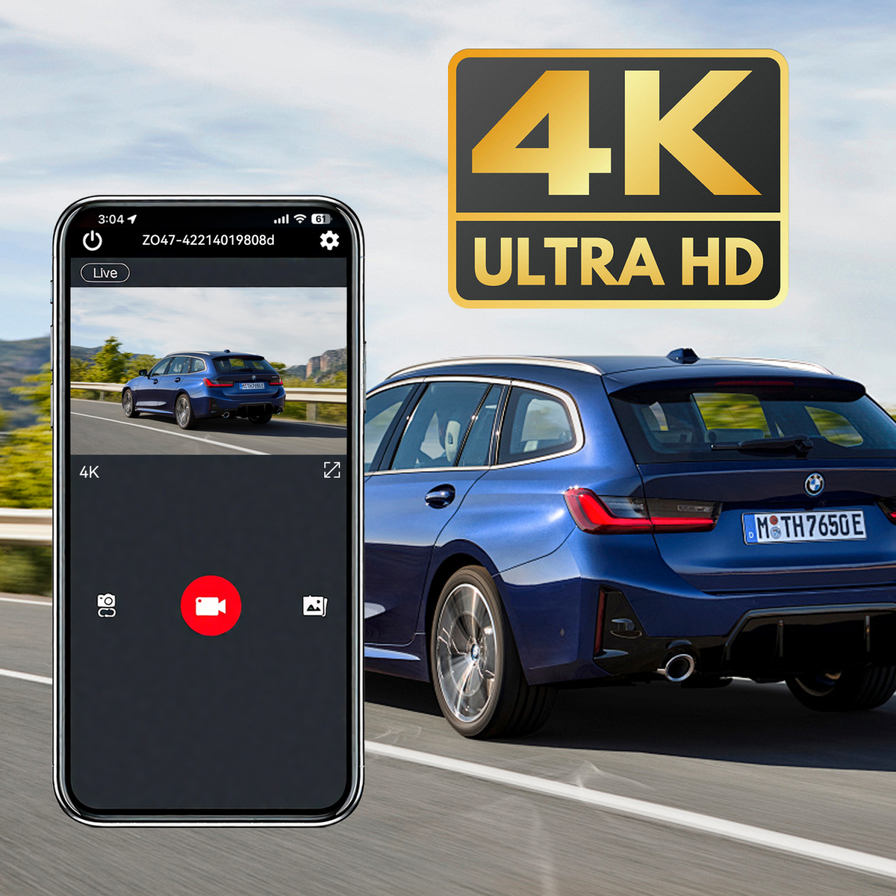 Blue car on a road with a smartphone displaying a live Meacode 4K Dash Cam feed and '4K Ultra HD' logo.