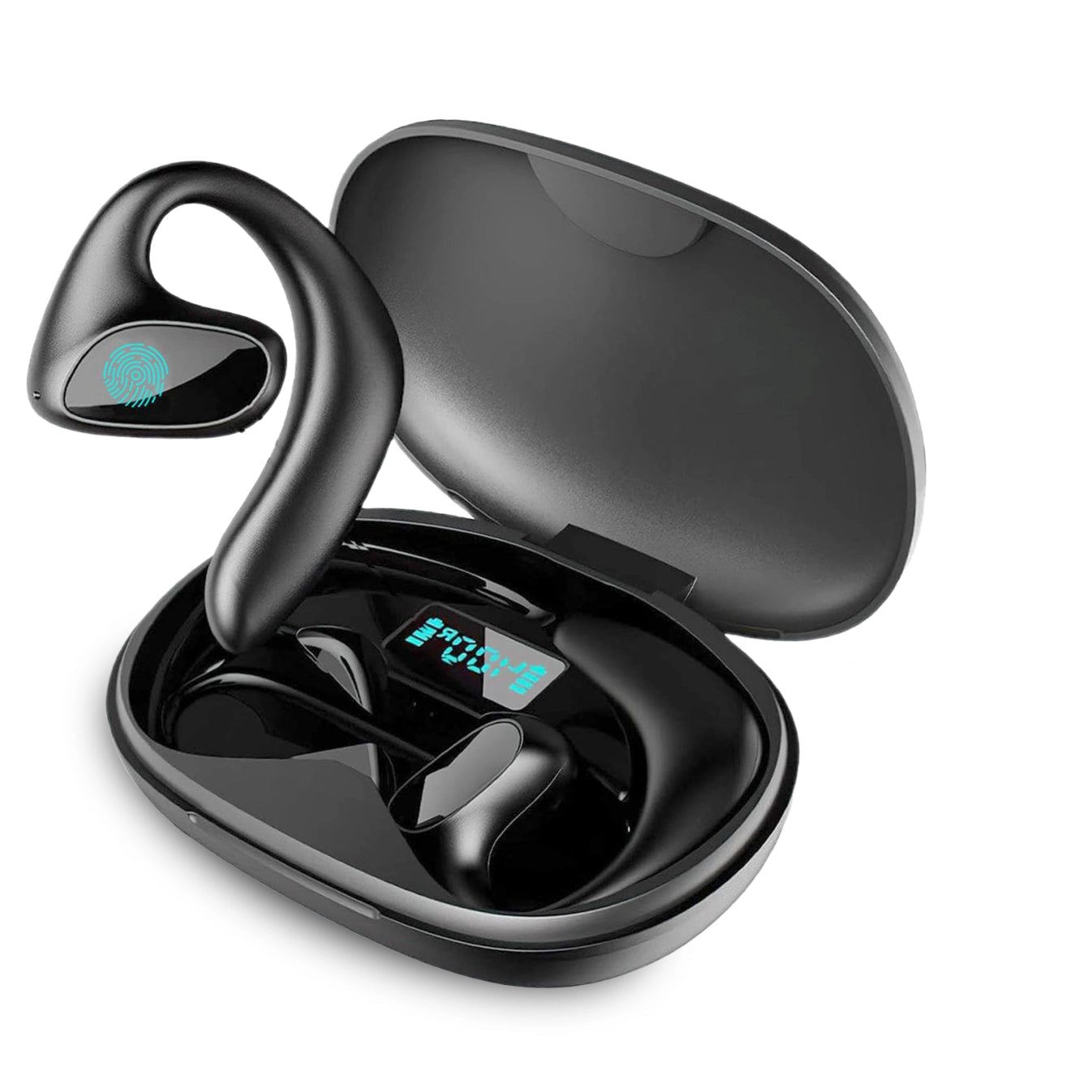 Black Meacode AI Translation Earbuds
 with charging case on a white background