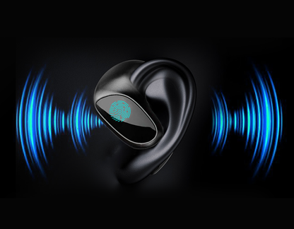 Black Meacode AI Translation Earbuds
 with blue sound wave graphics on a dark background