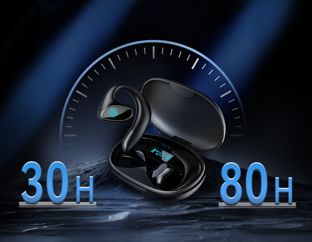Black Meacode AI Translation Earbuds
 with charging case on a dark background with blue text indicating battery life.