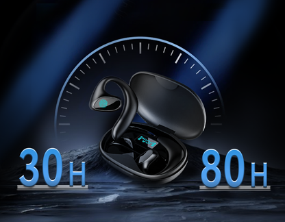 Black Meacode AI Translation Earbuds
 with charging case on a dark background with blue text indicating battery life.