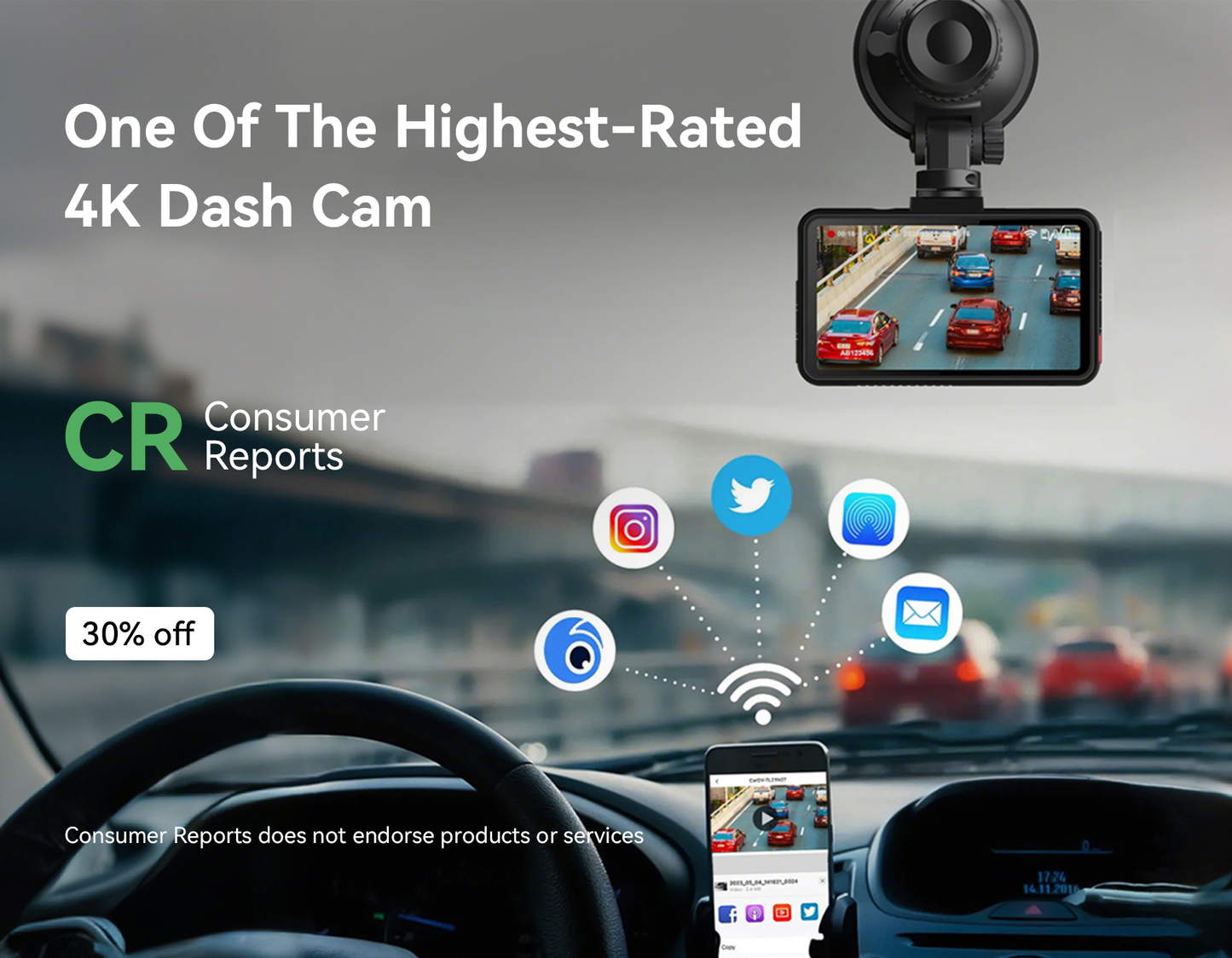 Meacode 4K Dash Cam with smartphone app interface and CR Consumer Reports badge on a car dashboard.
