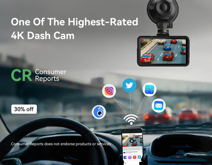 Meacode 4K Dash Cam with smartphone app interface and CR Consumer Reports badge on a car dashboard.
