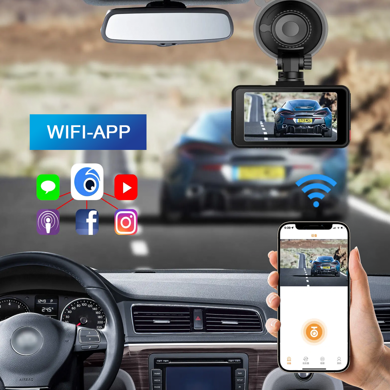 Car dashboard with a rearview Meacode 4K Dash Cam, smartphone displaying app interface, and WiFi-APP label.