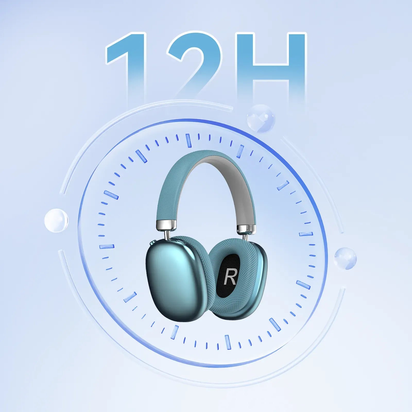 Teal Meacode Noise Cancelling Headphones with 'R' logo on a light blue background with '12H' text.