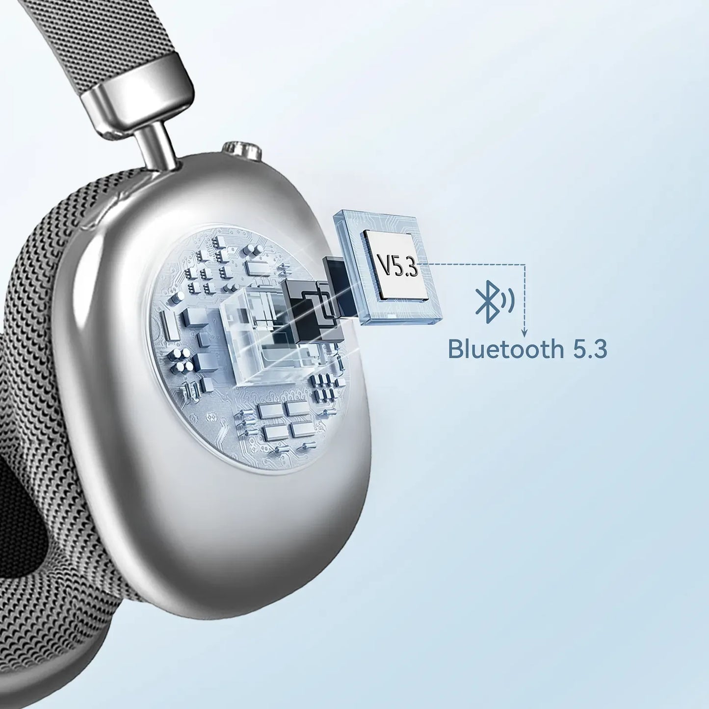 Close-up of a Bluetooth Meacode Noise Cancelling Headphones with 'Bluetooth 5.3' label on a light blue background