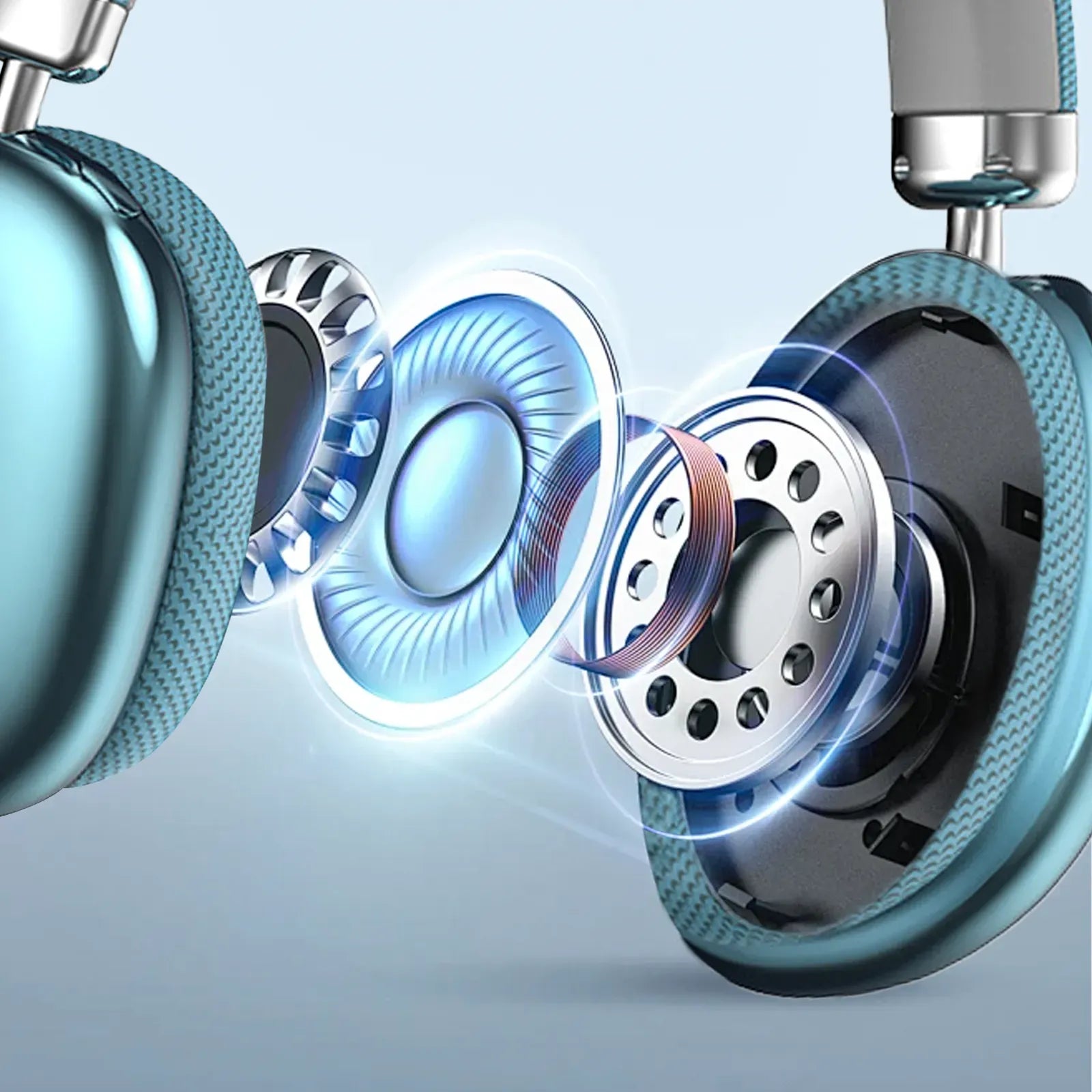 Close-up of a pair of Meacode Noise Cancelling Headphones with a focus on the inner workings, including a visible brand logo.