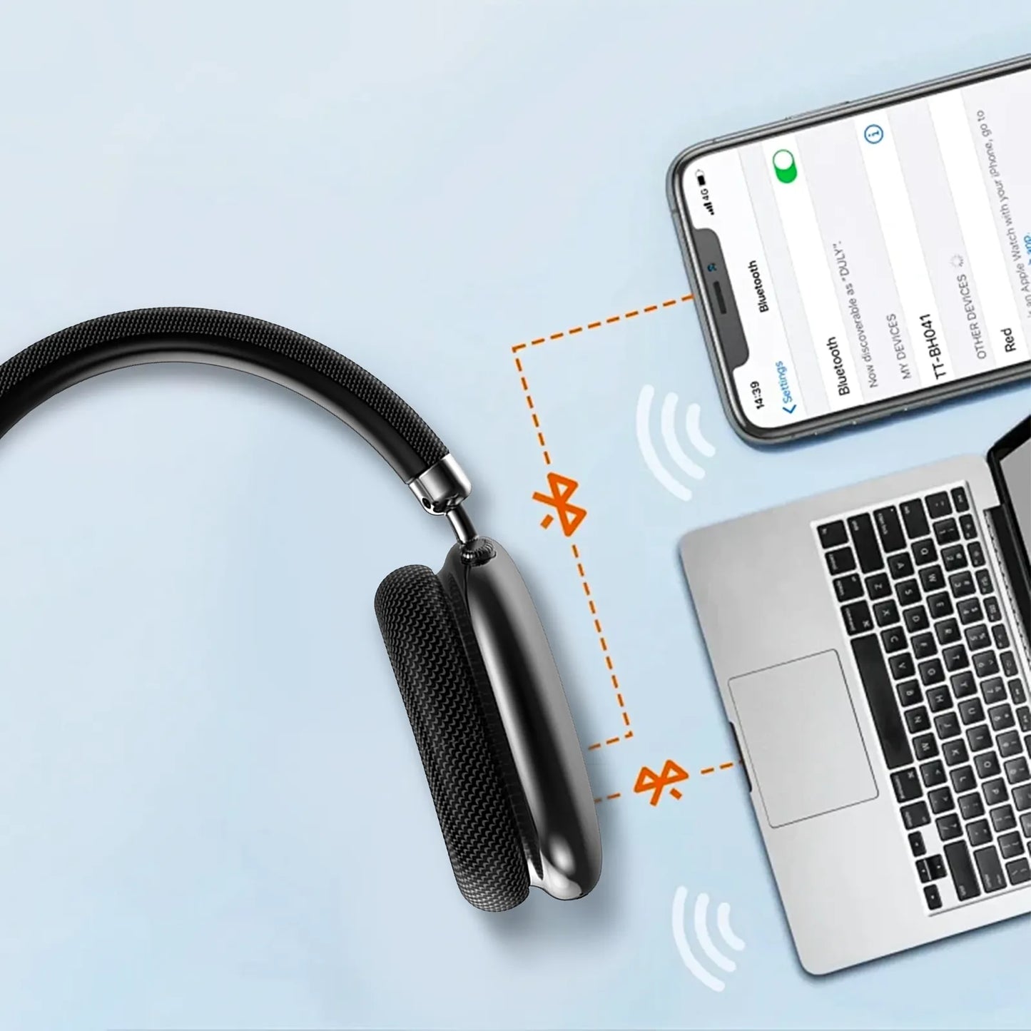 Bluetooth Meacode Noise Cancelling Headphones with smartphone and laptop on a light blue background