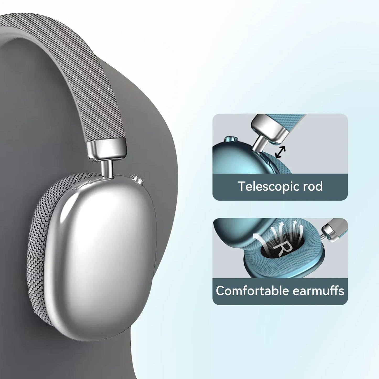 Close-up of a pair of Meacode Noise Cancelling Headphones with a focus on the telescopic rod and comfortable earmuffs, set against a light blue gradient background.
