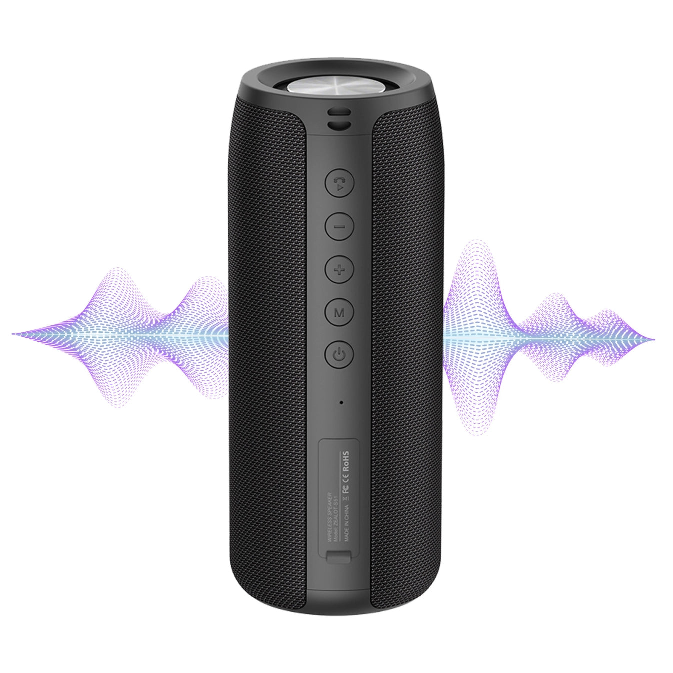 Black Meacode Portable Bluetooth Speaker with sound wave graphics on a white background