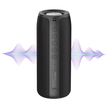 Black Meacode Portable Bluetooth Speaker with sound wave graphics on a white background