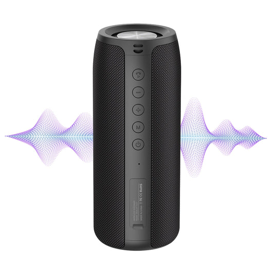 Black Meacode Portable Bluetooth Speaker with sound wave graphics on a white background