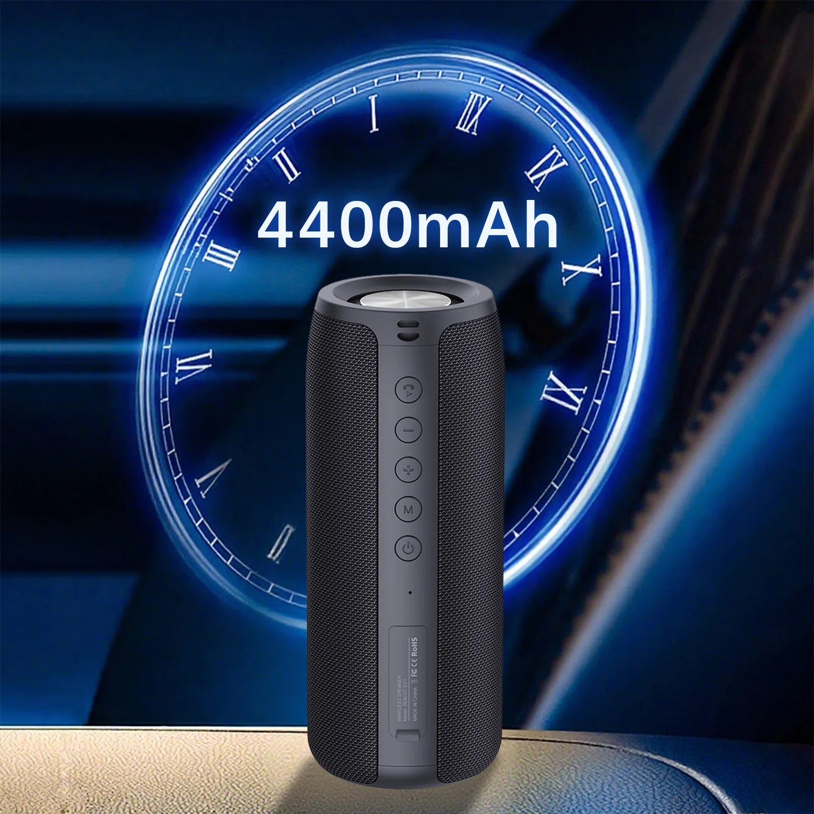 Black Meacode Portable Bluetooth Speaker with '4400mAh' label on a dark background