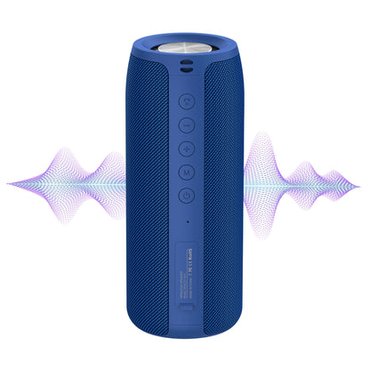 Blue Meacode Speaker with sound wave graphics on a white background