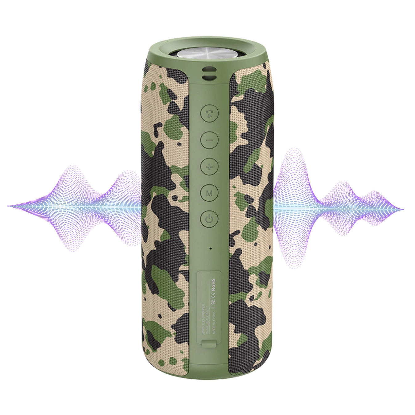 Camouflage-patterned Meacode Speaker with sound waves on a white background