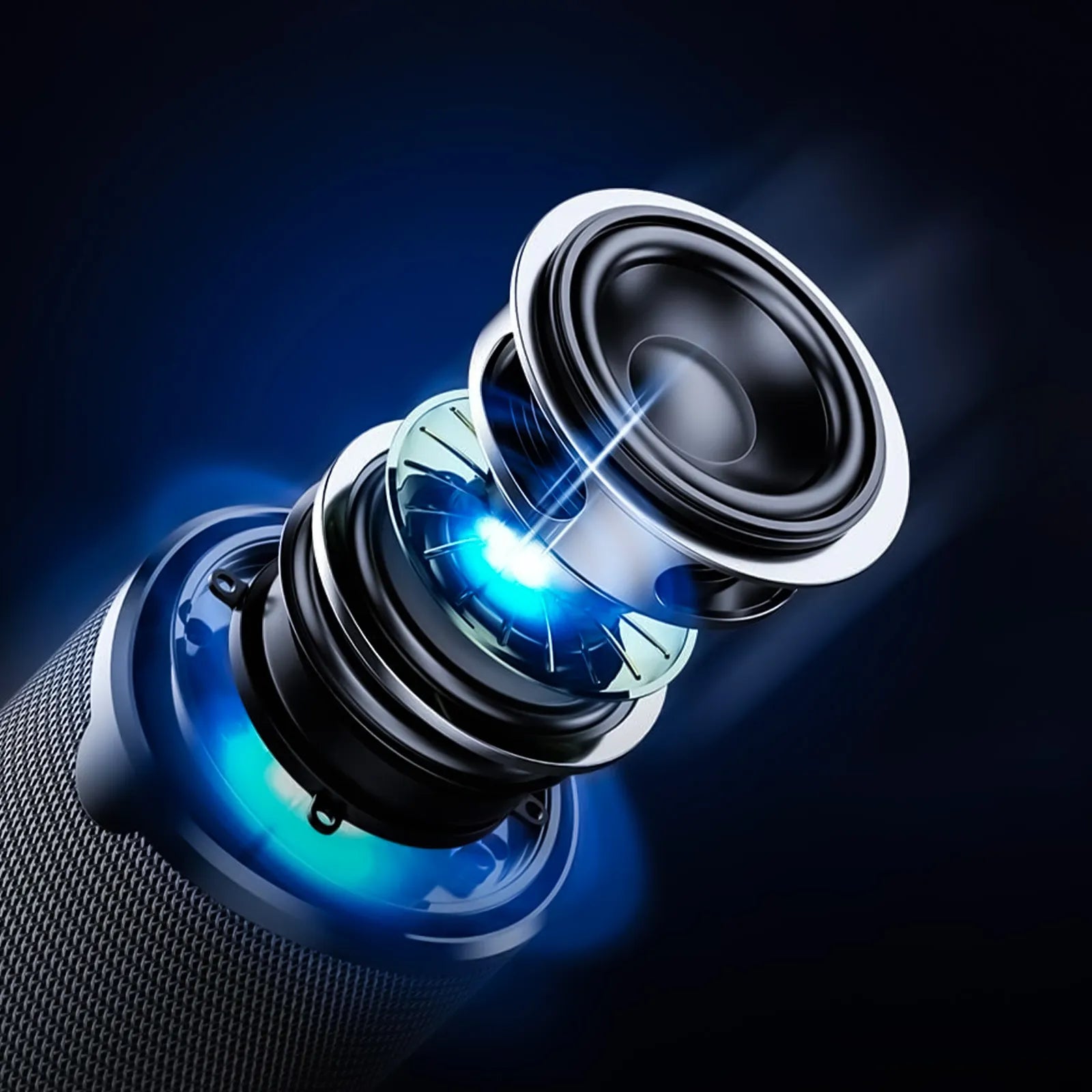 Close-up of a high-tech Meacode Portable Bluetooth Speaker with a lens and blue light on a dark background